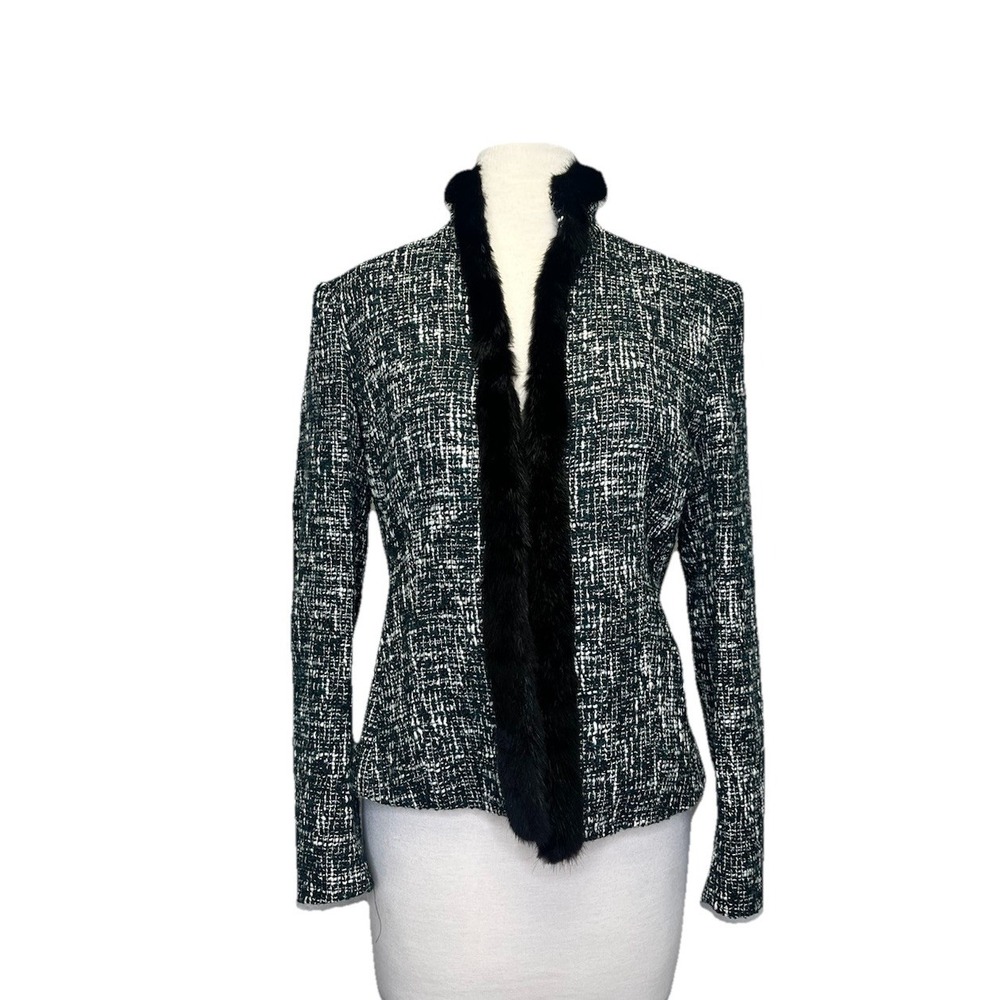 Les Copains Mink Fur Blazer Jacket Boucle‎ 44 8 Large Emerald Green Black White